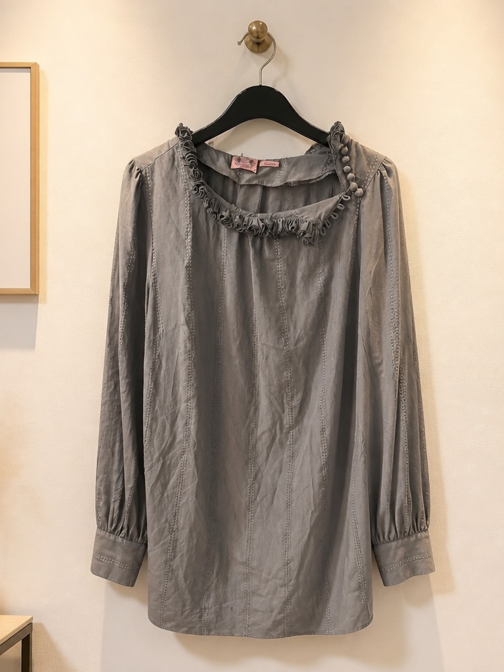 Juicy Couture Gray Ruffle Neck Long-Sleeve Blouse